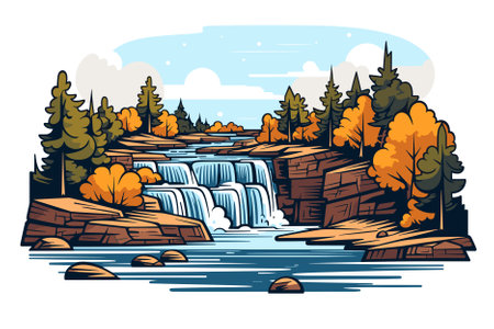Autumn landscape with waterfall and forest. Vector illustration in cartoon style.のイラスト素材