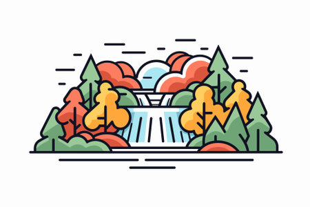 Waterfall in the forest. Vector illustration in thin line style.のイラスト素材