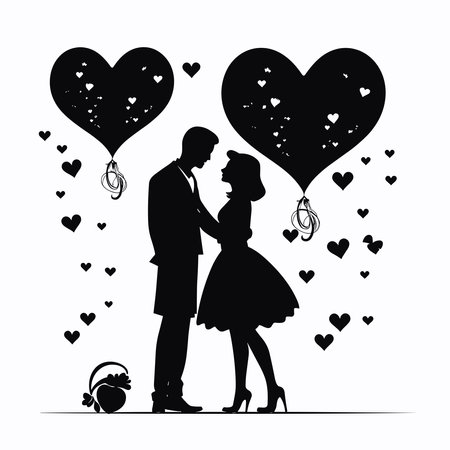 Silhouette of a loving couple in love with hearts. Vector illustrationのイラスト素材
