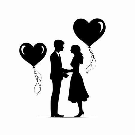 Silhouette of a man and a woman with balloons in the shape of heartsのイラスト素材