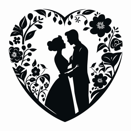Wedding Couple Silhouette with Heart Shape and Flowersのイラスト素材