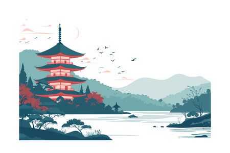 Japanese pagoda on the background of the lake. Vector illustration.のイラスト素材