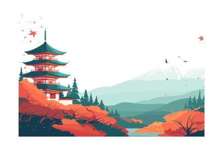 Beautiful autumn landscape with pagoda and mountains. Vector illustration.のイラスト素材