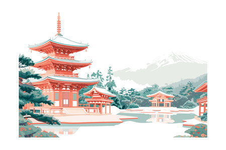 Landscape of Japanese temple with mountain and lake. Vector illustration.のイラスト素材