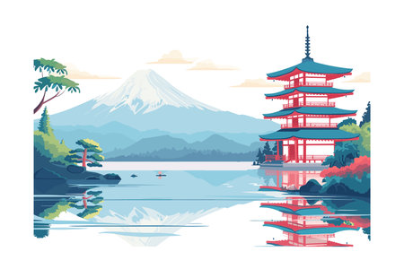 Mt Fuji and pagoda in the lake, Japan. Vector illustration.のイラスト素材