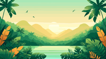 Tropical forest and lake landscape background. Flat vector illustration.のイラスト素材
