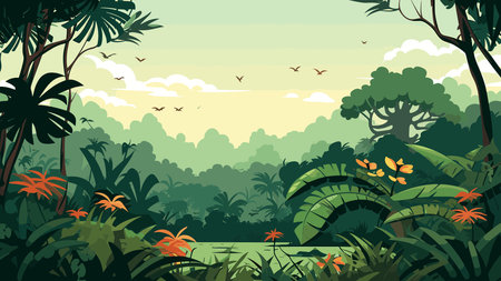 Nature background with jungle trees and plants. Vector illustration in cartoon styleのイラスト素材