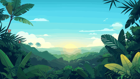 Vector illustration of jungle landscape with palm trees and sun in blue skyのイラスト素材
