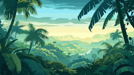 Beautiful tropical jungle landscape with palm trees, bushes and hills. Vector illustrationのイラスト素材