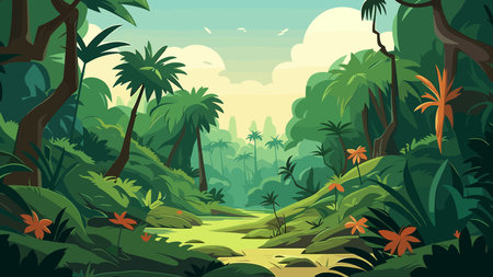 tropical jungle landscape background vector illustration graphic design in flat cartoon styleのイラスト素材