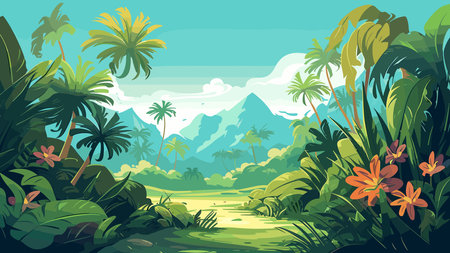Beautiful tropical landscape with palms and flowers. Vector cartoon illustration.のイラスト素材