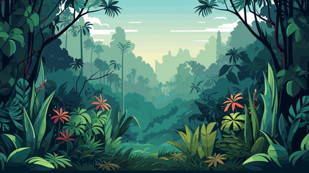 Beautiful tropical jungle landscape with exotic plants and flowers. Vector illustrationのイラスト素材