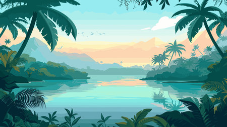 Tropical landscape with palm trees and lake. Vector illustration.のイラスト素材