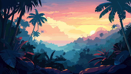 Tropical jungle landscape at sunset. Vector illustration in cartoon styleのイラスト素材