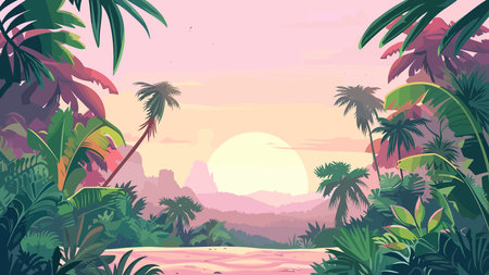 Tropical landscape with palm trees and mountains. Vector illustration.のイラスト素材