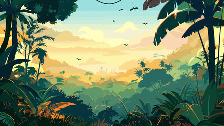 Landscape of jungle with palm trees and birds. Vector illustration.のイラスト素材