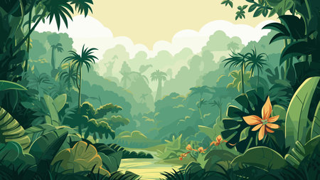 Tropical jungle background. Vector cartoon illustration of jungle landscape.のイラスト素材