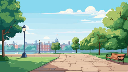 City park with bench and trees. Vector illustration in flat style.のイラスト素材