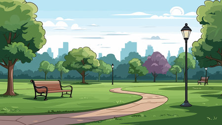City park with bench and streetlights. Vector illustration in flat styleのイラスト素材