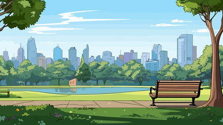 Park with bench and skyscrapers in the background, vector illustrationのイラスト素材