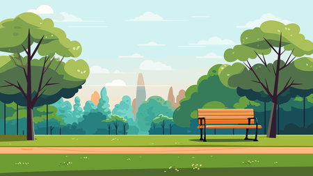Park landscape with bench and trees. Vector illustration in flat style.のイラスト素材