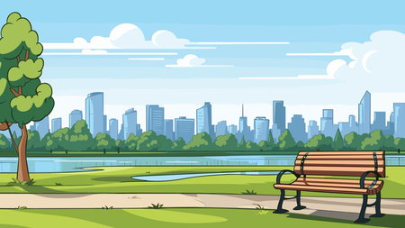 City park with bench. Vector illustration in flat cartoon style. Urban landscape.のイラスト素材