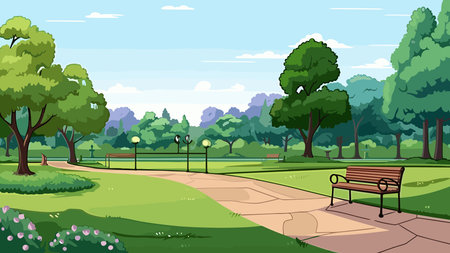 Park scene with bench and trees vector illustration in flat cartoon style.のイラスト素材