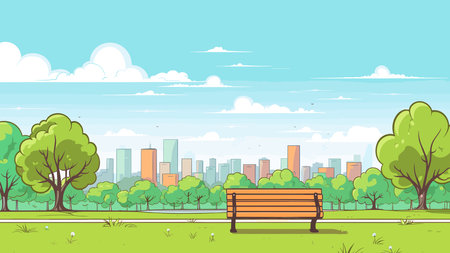 City park with bench and trees in flat style. Vector illustration.のイラスト素材