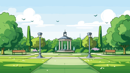 Park landscape with a classical building and a bench, vector illustration.のイラスト素材