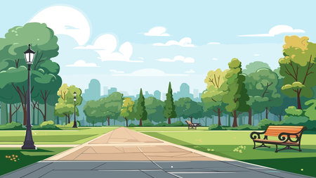 City park landscape with bench and trees. Vector illustration in flat styleのイラスト素材