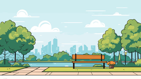 City park with bench and trees. Vector illustration in flat style.のイラスト素材