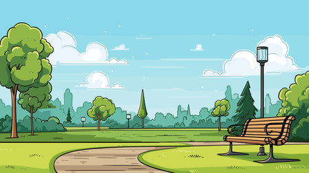 Park scene with bench and trees illustration. Cartoon style vector graphic.のイラスト素材