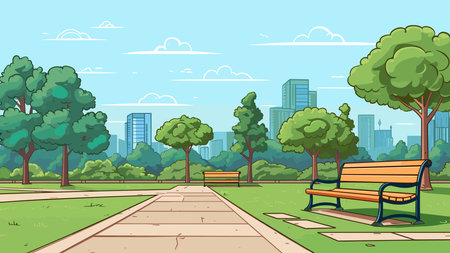 City park with bench and trees. Vector illustration in cartoon style.のイラスト素材