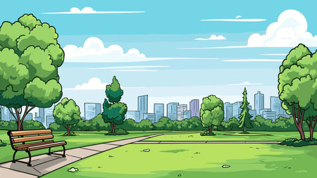 Park scene with bench and cityscape illustration. EPS10 vector.のイラスト素材
