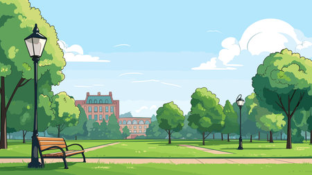 City park with bench and trees. Vector illustration in flat style.のイラスト素材
