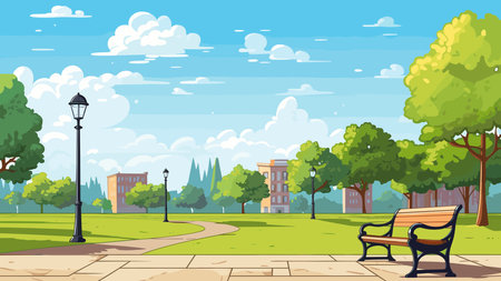 City park with bench and street lamp. Vector illustration in flat styleのイラスト素材
