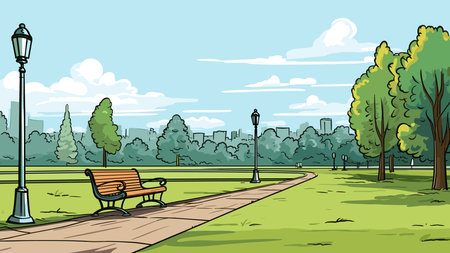 City park with bench and streetlights. Vector illustration in cartoon styleのイラスト素材