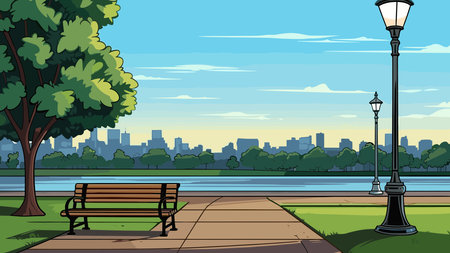Park bench and street lamp in the city park. Vector illustration.のイラスト素材