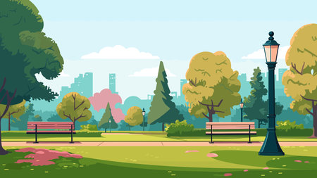 City park with trees and bench. Vector illustration in flat style.のイラスト素材