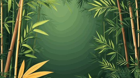 Background design with green bamboo and leaves in the jungle. Vector illustration.のイラスト素材