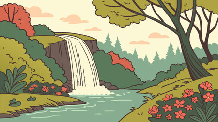 Autumn landscape with a waterfall in the forest. Vector illustration.のイラスト素材