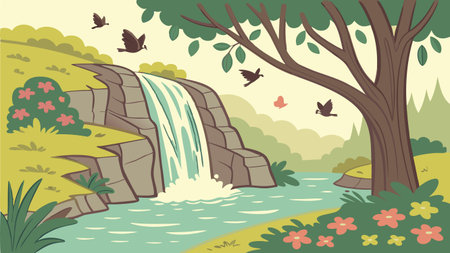 Vector illustration of a waterfall in the park with butterflies flying around.のイラスト素材