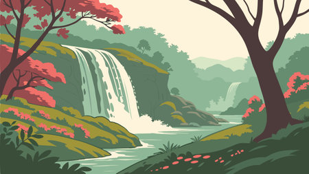 Beautiful landscape of waterfall in autumn season. Vector illustration in flat style.のイラスト素材