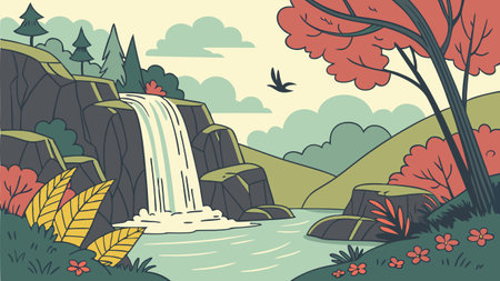 Autumn landscape with waterfall. Vector illustration in a flat style.のイラスト素材