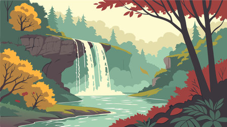 Autumn landscape with waterfall, forest and lake. Vector illustration.のイラスト素材