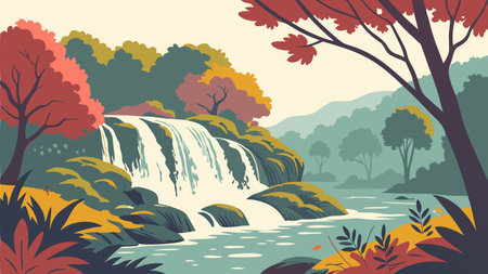 Autumn landscape with waterfall and trees. Vector illustration in flat styleのイラスト素材