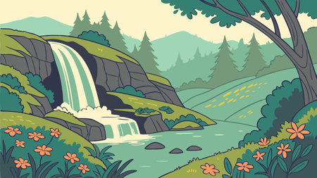 Waterfall in the forest. Vector illustration of a summer landscape.のイラスト素材