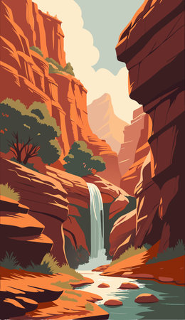 Waterfall in Zion National Park, Utah, USA. Vector illustrationのイラスト素材