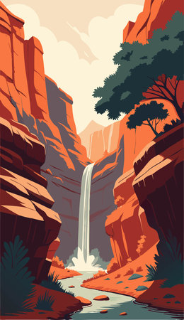Waterfall in the mountains. Vector illustration of a cartoon style.のイラスト素材