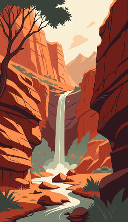 Waterfall in the mountains. Vector illustration of a canyon with a waterfall.のイラスト素材